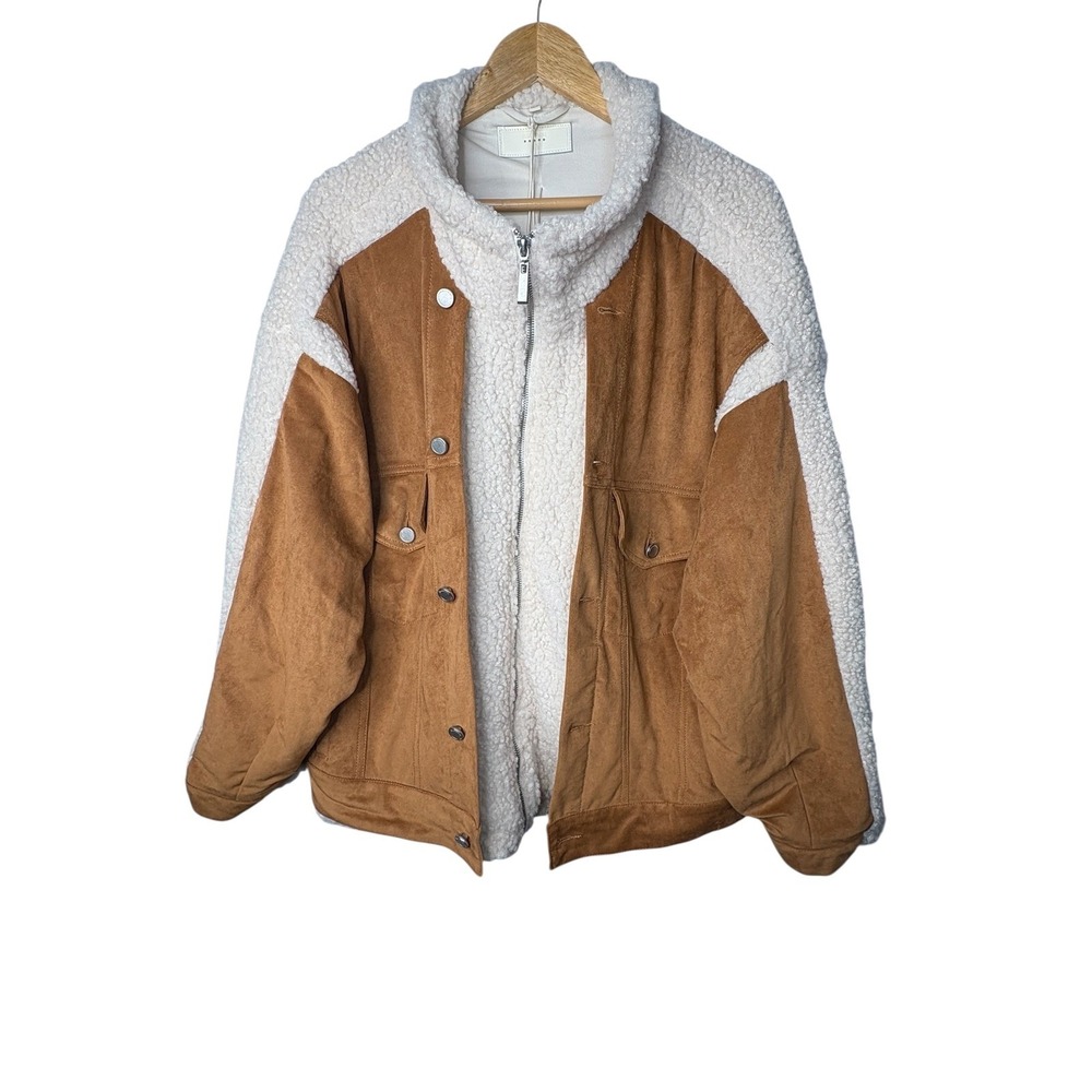 BLANKNYC Faux Suede Sherpa Jacket Womens Large Brown Cream‎ Mixed Media Zip NWT - Picture 4 of 16